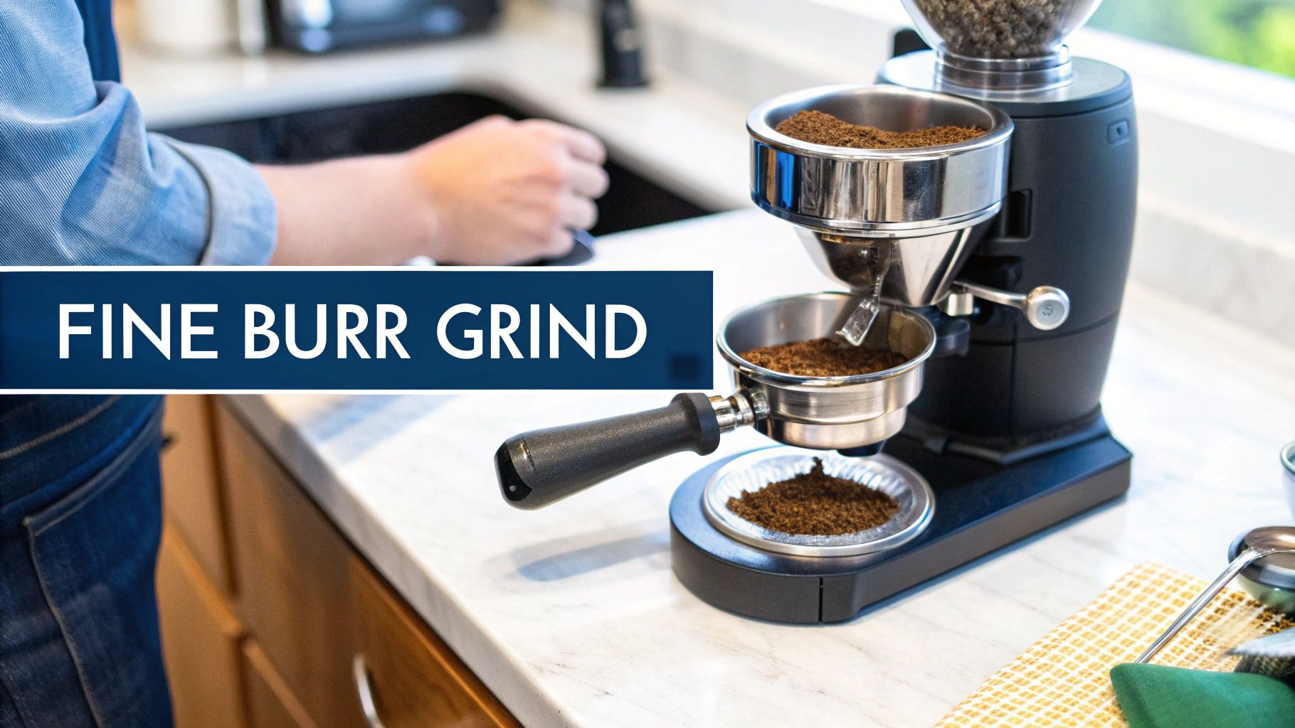 A portafilter being filled with freshly ground coffee from a grinder.