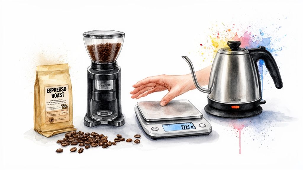 Coffee brewing essentials: espresso roast bag, coffee grinder, digital scale displaying 88g, and gooseneck kettle.