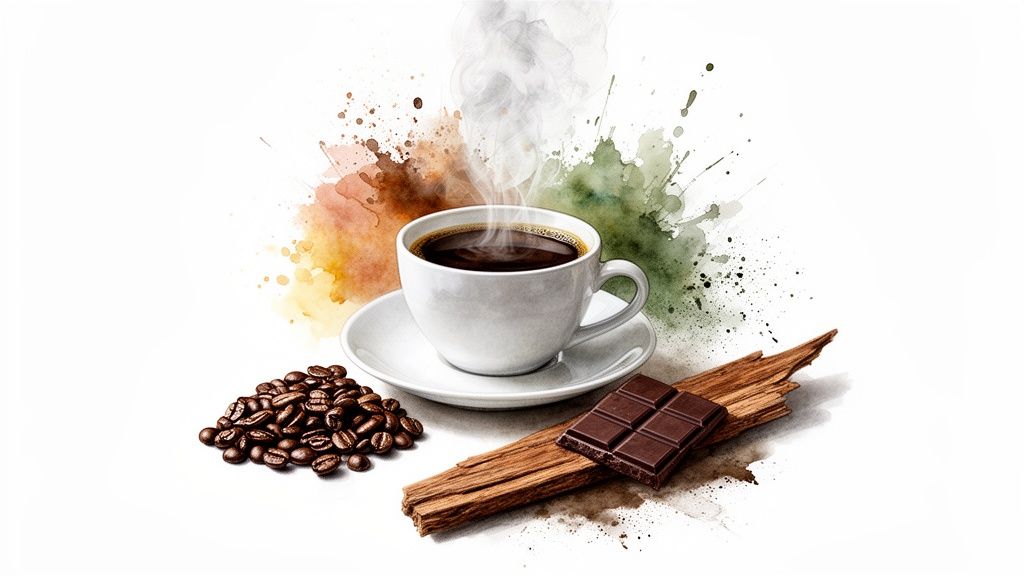 A steaming cup of black coffee, roasted beans, dark chocolate, and wood with watercolor splatters.