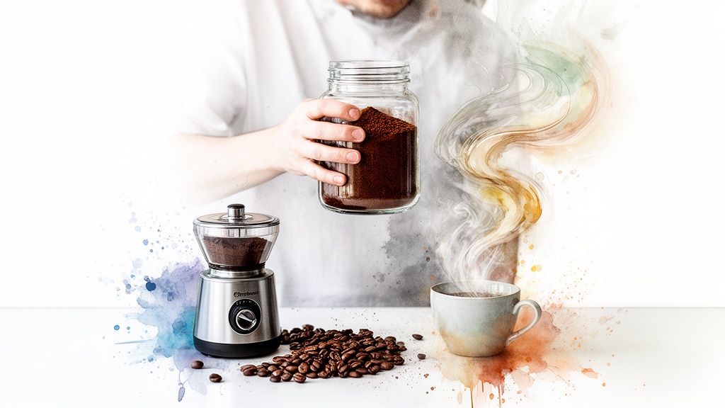 A modern electric coffee grinder next to a bag of coffee beans and a freshly brewed cup.