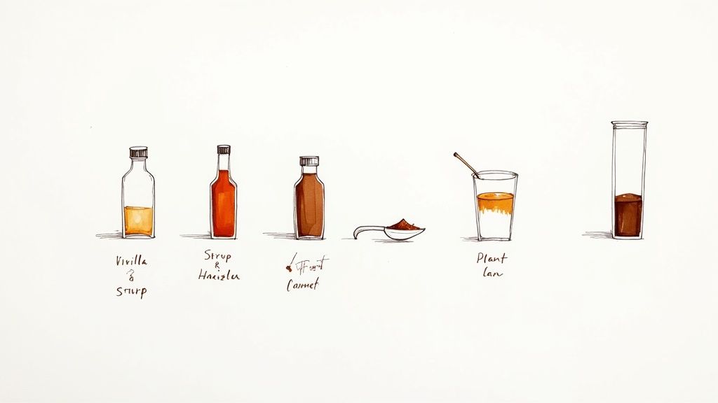 A variety of iced lattes with different flavourings and toppings.