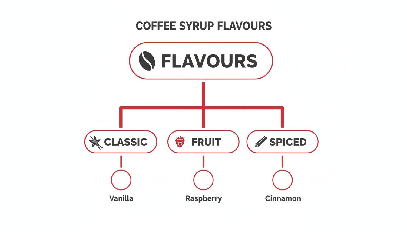 A diagram illustrating coffee syrup flavors, categorized into Classic (Vanilla), Fruit (Raspberry), and Spiced (Cinnamon).