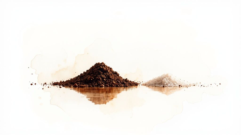 Two distinct piles, one dark brown and one white, on a reflective surface with water stains.