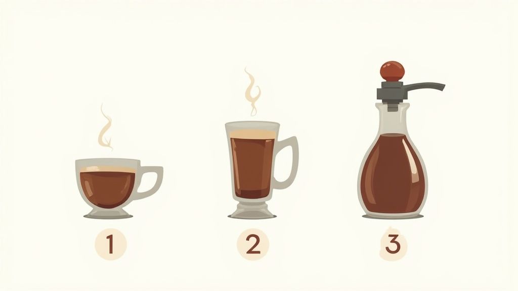 Illustrations showing steaming coffee drinks in cups and a coffee syrup dispenser.