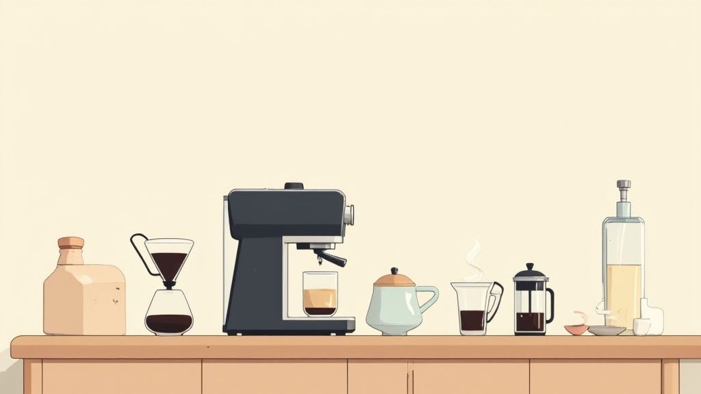 A modern espresso machine, grinder, tamper, and milk pitcher arranged on a wooden counter, ready for making a cappuccino at home.