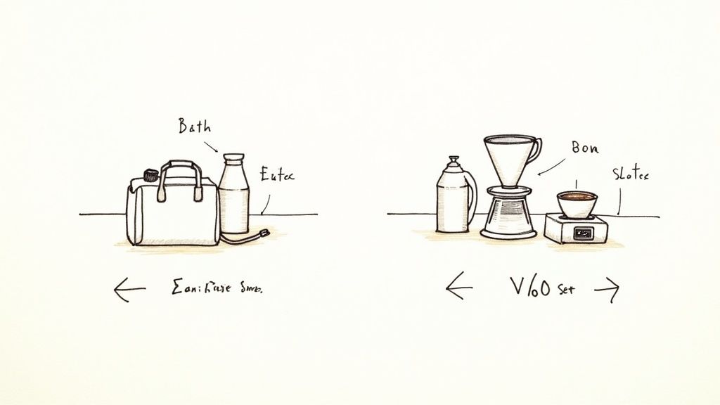 A person thoughtfully looking at a V60 and an AeroPress side-by-side on a kitchen counter.