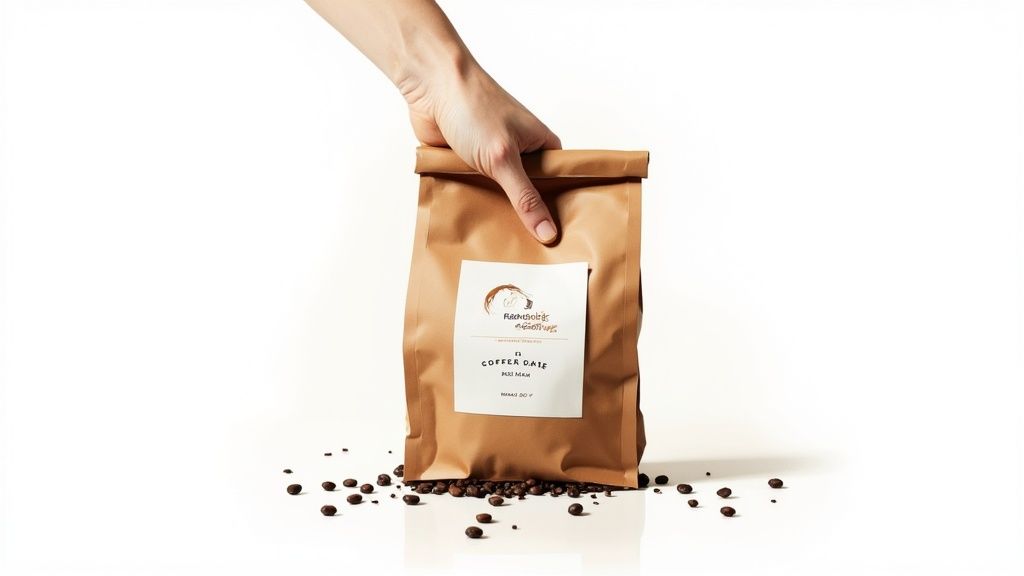 A hand holds a brown paper bag of coffee, with scattered coffee beans on a white surface.