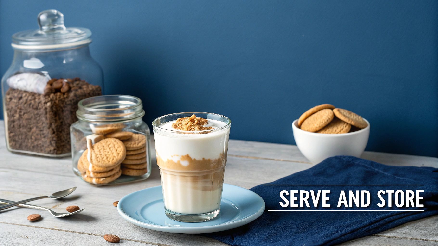 A perfectly served Dalgona coffee with a dusting of cocoa powder.