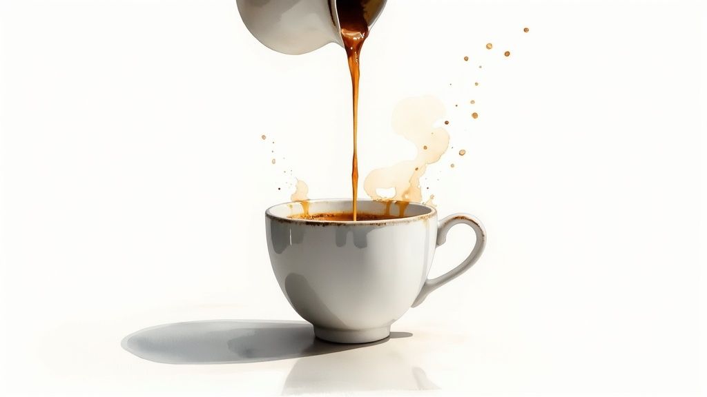 Espresso being poured from a pitcher into a white coffee cup, creating splashes.