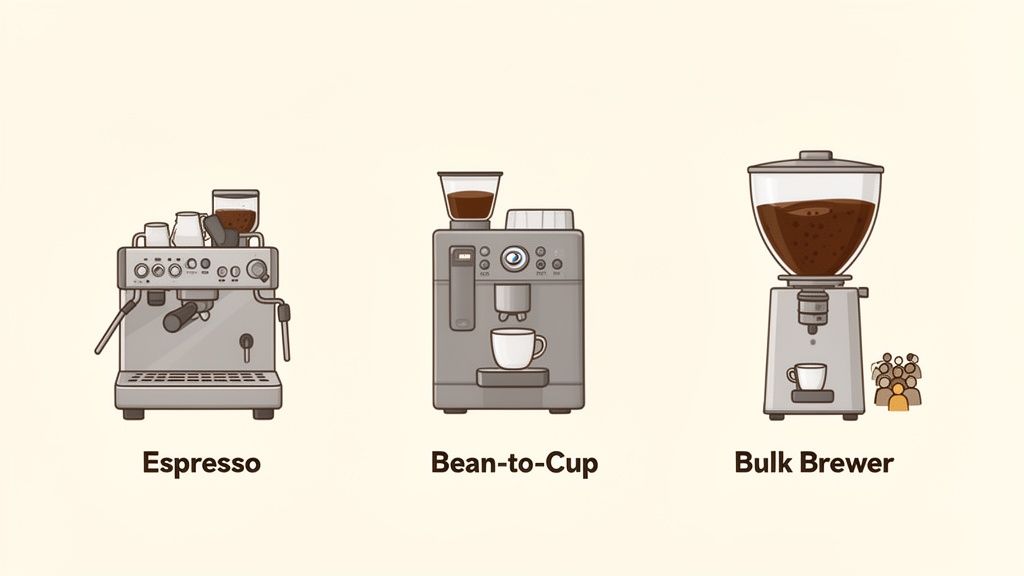 Illustrations of three different commercial coffee machines: Espresso, Bean-to-Cup, and Bulk Brewer.