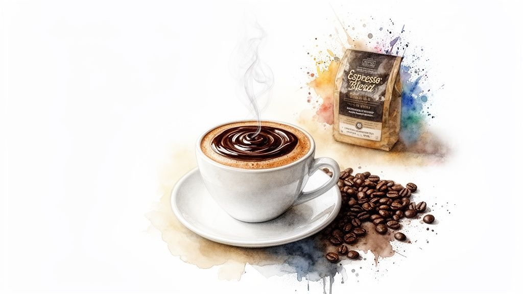 A watercolor illustration of a steaming cup of mocha, espresso blend bag, and coffee beans.