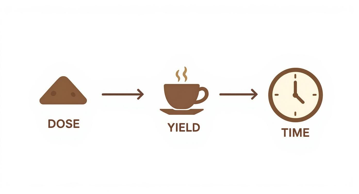 Icons illustrate the three key espresso brewing components: dose (grounds), yield (coffee cup), and time (clock).