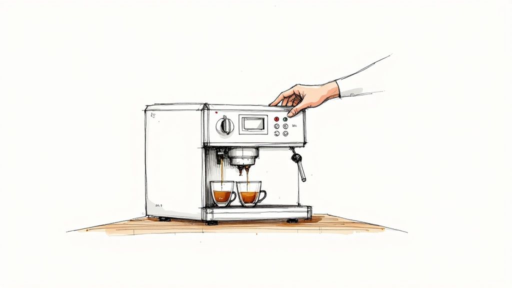 A sleek bean to cup machine on a kitchen counter, with a hand pressing a button to make a cappuccino.