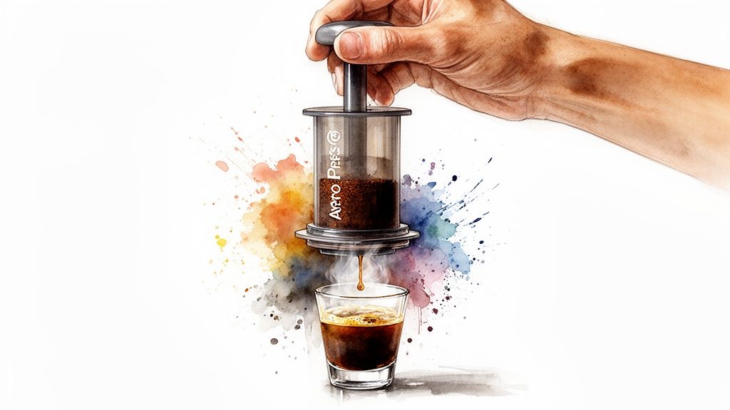 A hand pressing an AeroPress coffee maker, brewing hot espresso into a small glass cup amidst colorful watercolor splashes.