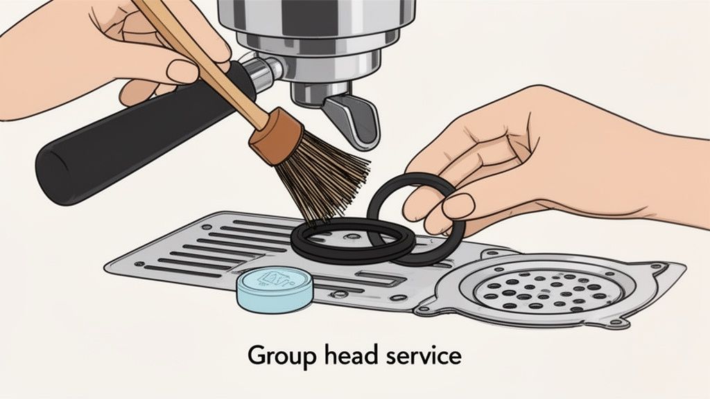 Hands servicing an espresso machine group head, cleaning with a brush and replacing gaskets.
