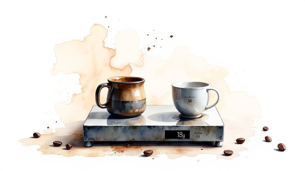Watercolor illustration of two coffee mugs on a digital scale with scattered coffee beans.