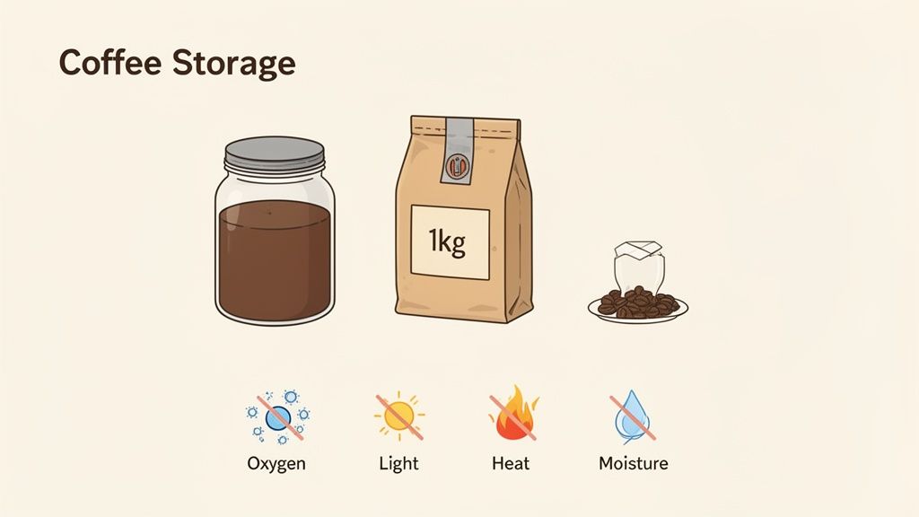 Diagram illustrating optimal coffee storage conditions, showing containers and factors like oxygen, light, heat, and moisture to avoid.
