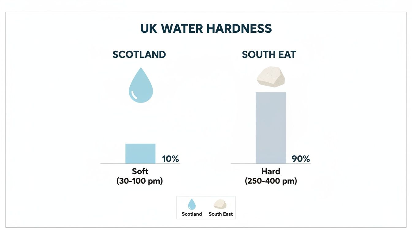 Infographic comparing UK water hardness: Scotland has 10% soft water, while South East England has 90% hard water.