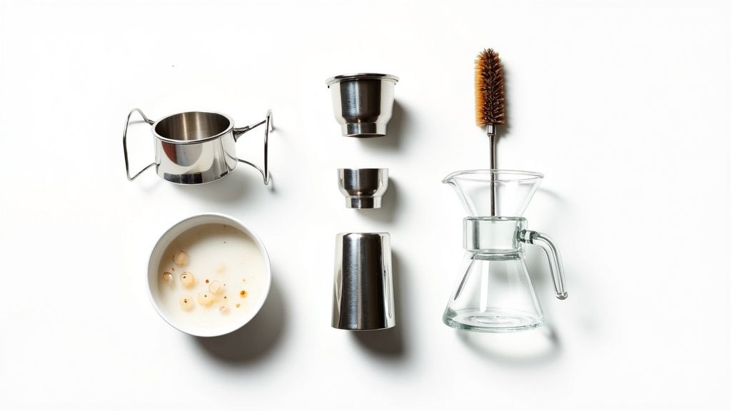 Various coffee brewing tools, including metal parts, a glass pour-over coffee maker, and a brush, on a white surface.