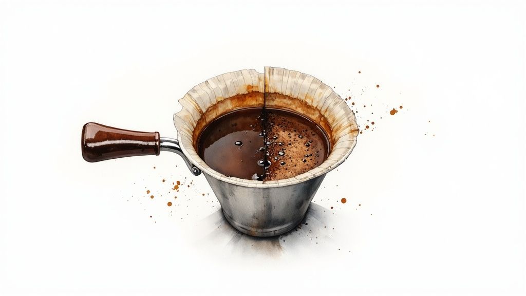 Watercolor illustration of coffee filter in portafilter with coffee dripping and brown splatter details