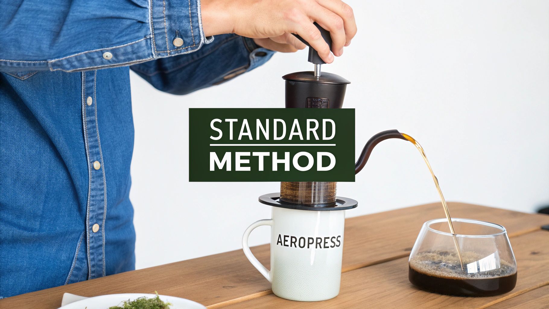 A person pouring hot water into an AeroPress coffee maker.