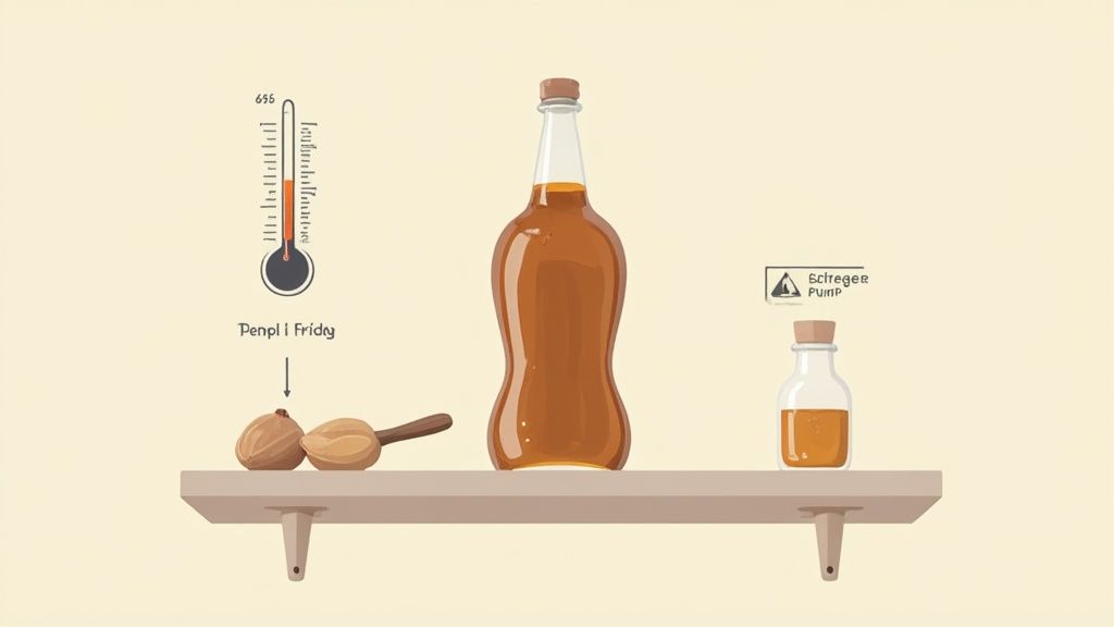 A still life showing bottles of brown liquid, nuts, a thermometer, and text on a light shelf.