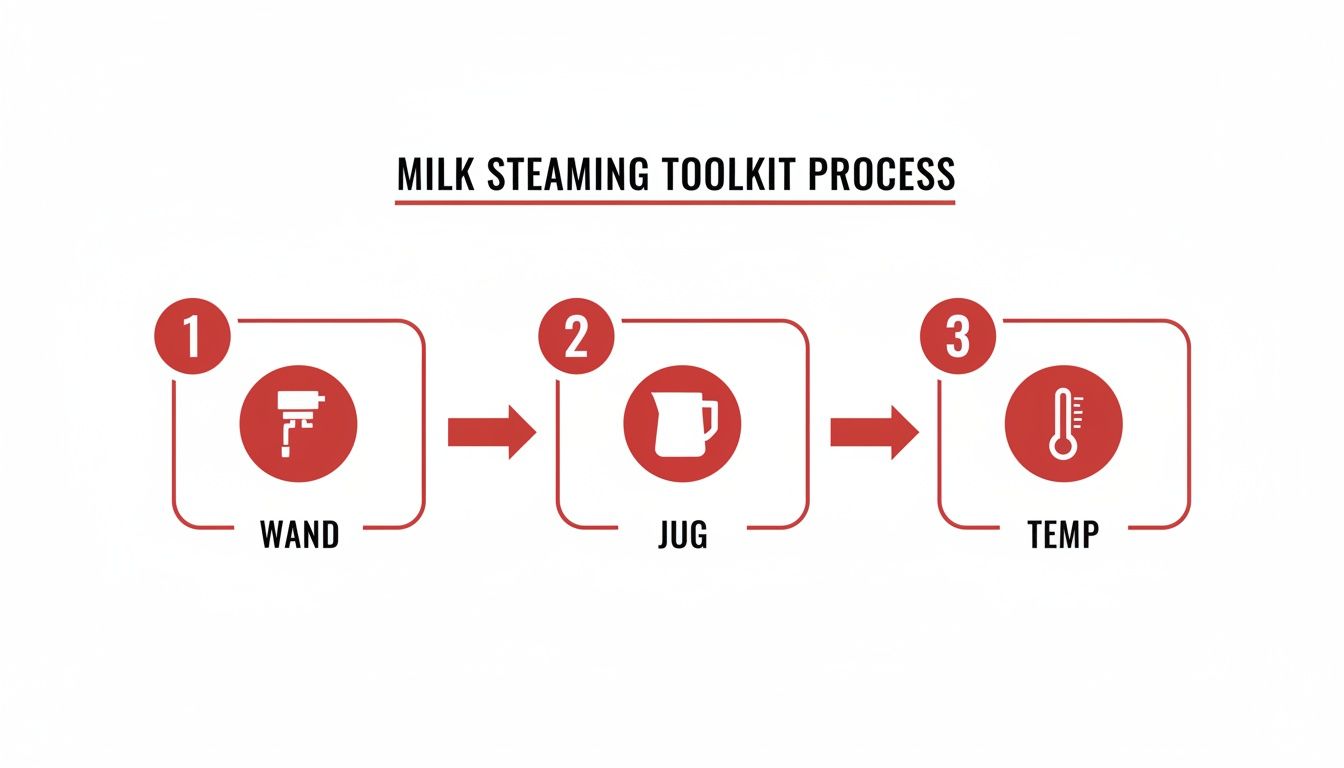 A three-step infographic outlining the milk steaming toolkit process: wand, jug, and temperature.