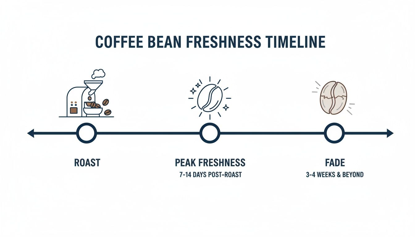 A coffee bean freshness timeline illustrating roast, peak freshness (7-14 days), and fade (3-4 weeks and beyond).