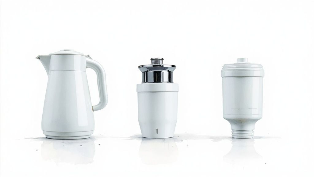 A white electric kettle, a filtered water dispenser, and a replacement filter cartridge on white.