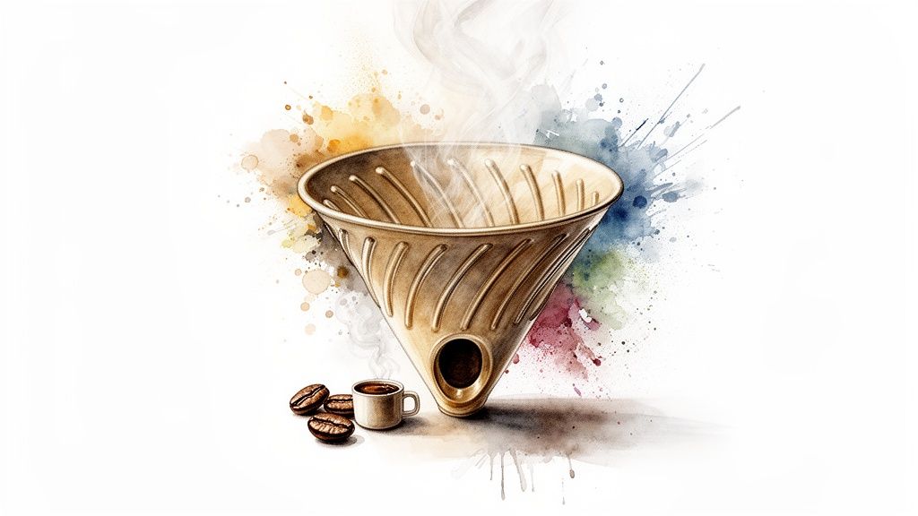 Vibrant watercolor art of a steaming V60 coffee dripper with coffee beans and a small cup.