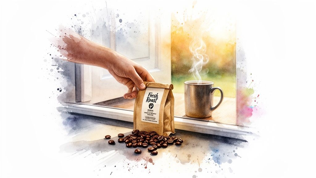 A hand holds a 'Fresh Roast' coffee bag next to scattered beans and a steaming mug by a sunny window.