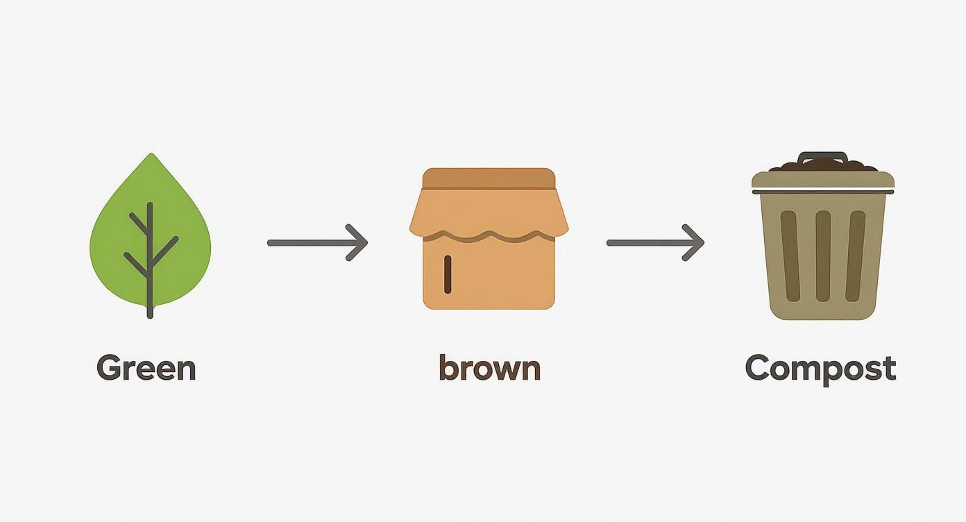 Infographic showing the process flow of combining green materials like leaves and brown materials like cardboard to create balanced compost in a bin.