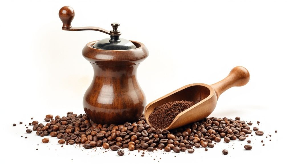 A rustic wooden coffee grinder, a scoop of ground coffee, and scattered roasted coffee beans on white.