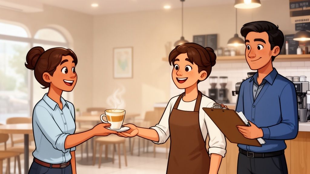 Smiling barista serves a steaming cup of coffee to a customer, observed by a man with a clipboard.