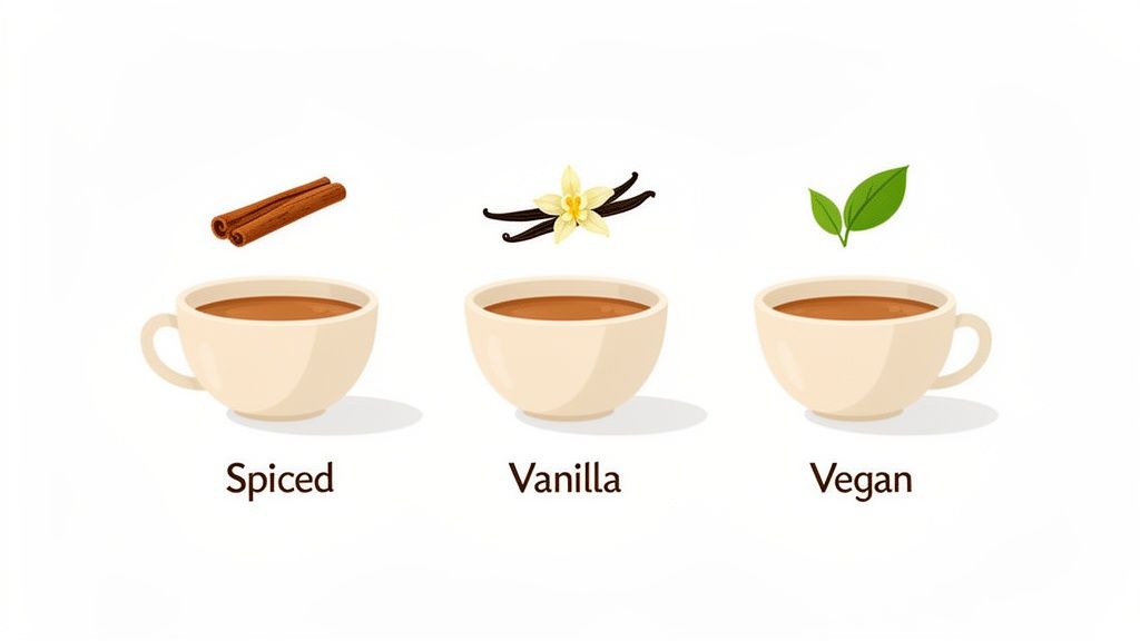 Three cups of chai with different flavors: spiced with cinnamon, vanilla with a flower, and vegan with leaves.