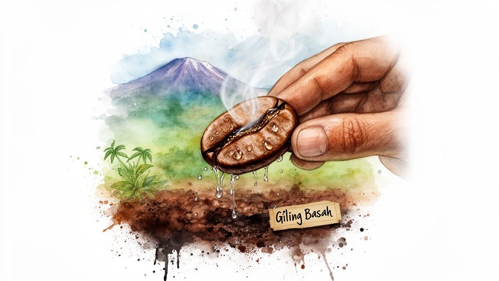 Watercolor illustration of a hand holding a wet, steaming coffee bean over soil, with a mountain background.