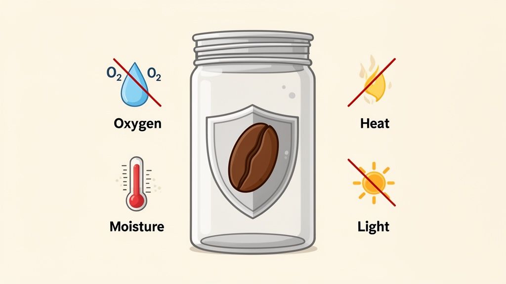Illustration showing a coffee bean protected in a jar from oxygen, moisture, heat, and light for optimal storage.