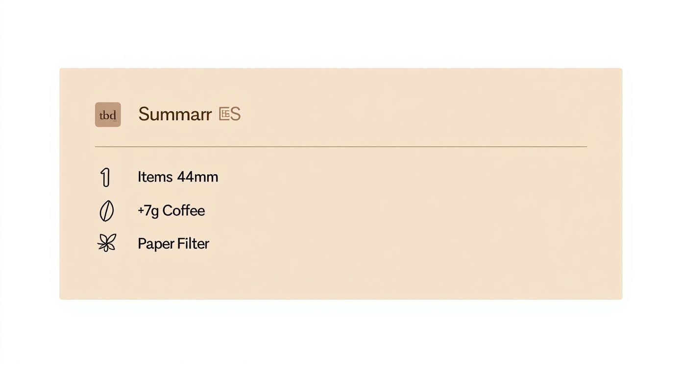 ESE coffee pod brewing summary showing 44mm items, 7g coffee dose, and paper filter requirements