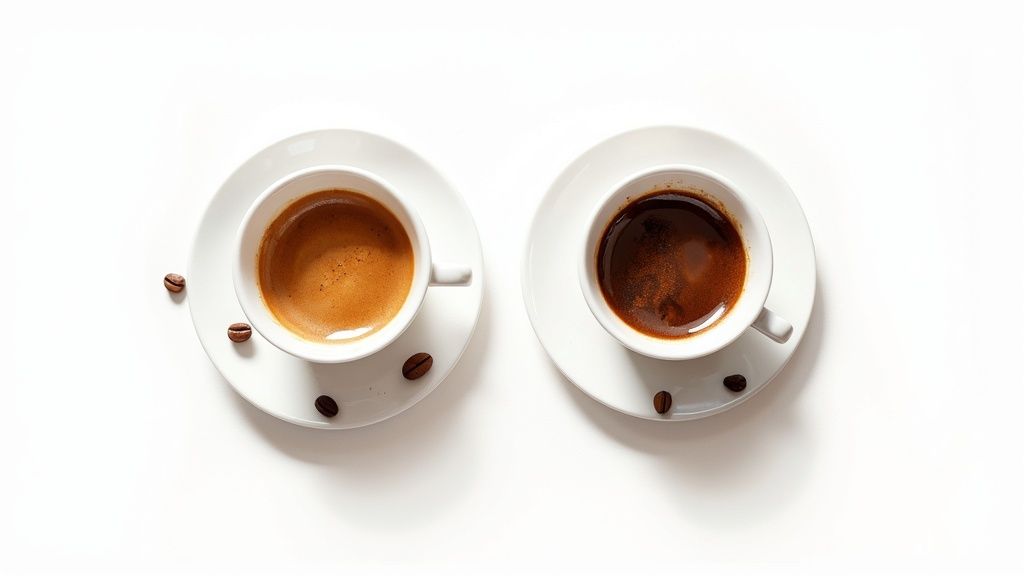 Overhead view of two cups of espresso, showing different crema textures, with coffee beans.