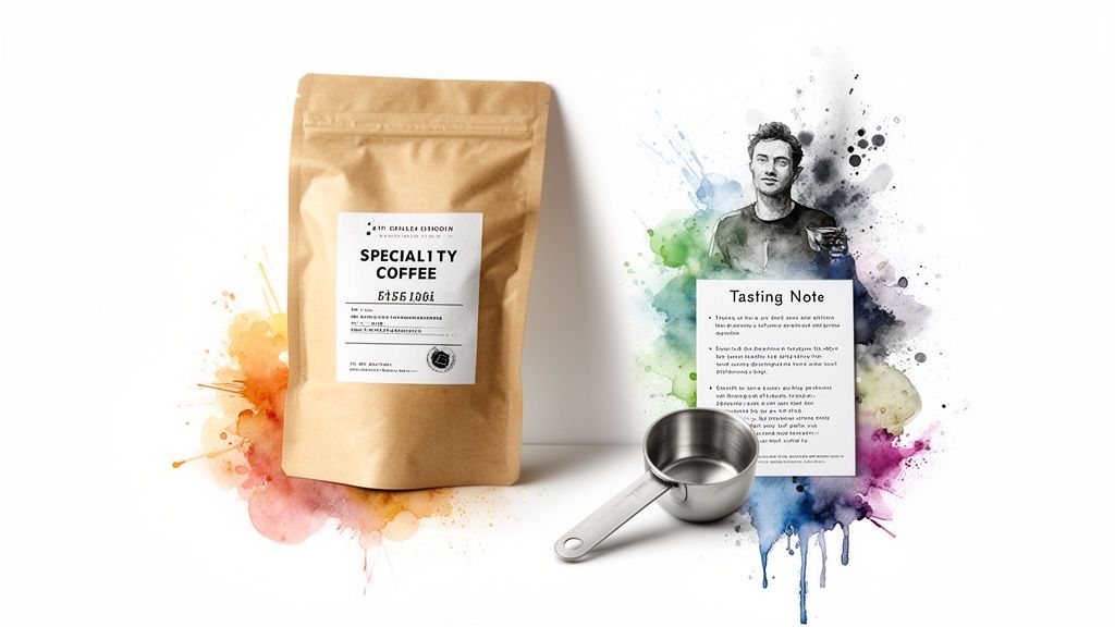 A brown specialty coffee bag, a tasting note card with an illustrated man, and a measuring scoop on a white background.