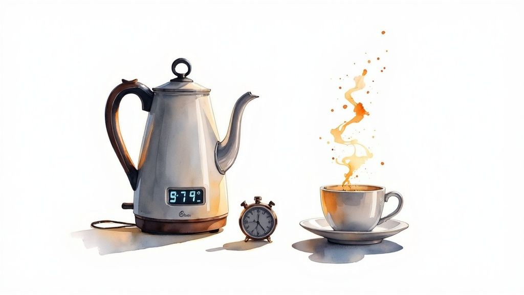 A modern temperature-controlled kettle with a digital display showing the current water temperature.