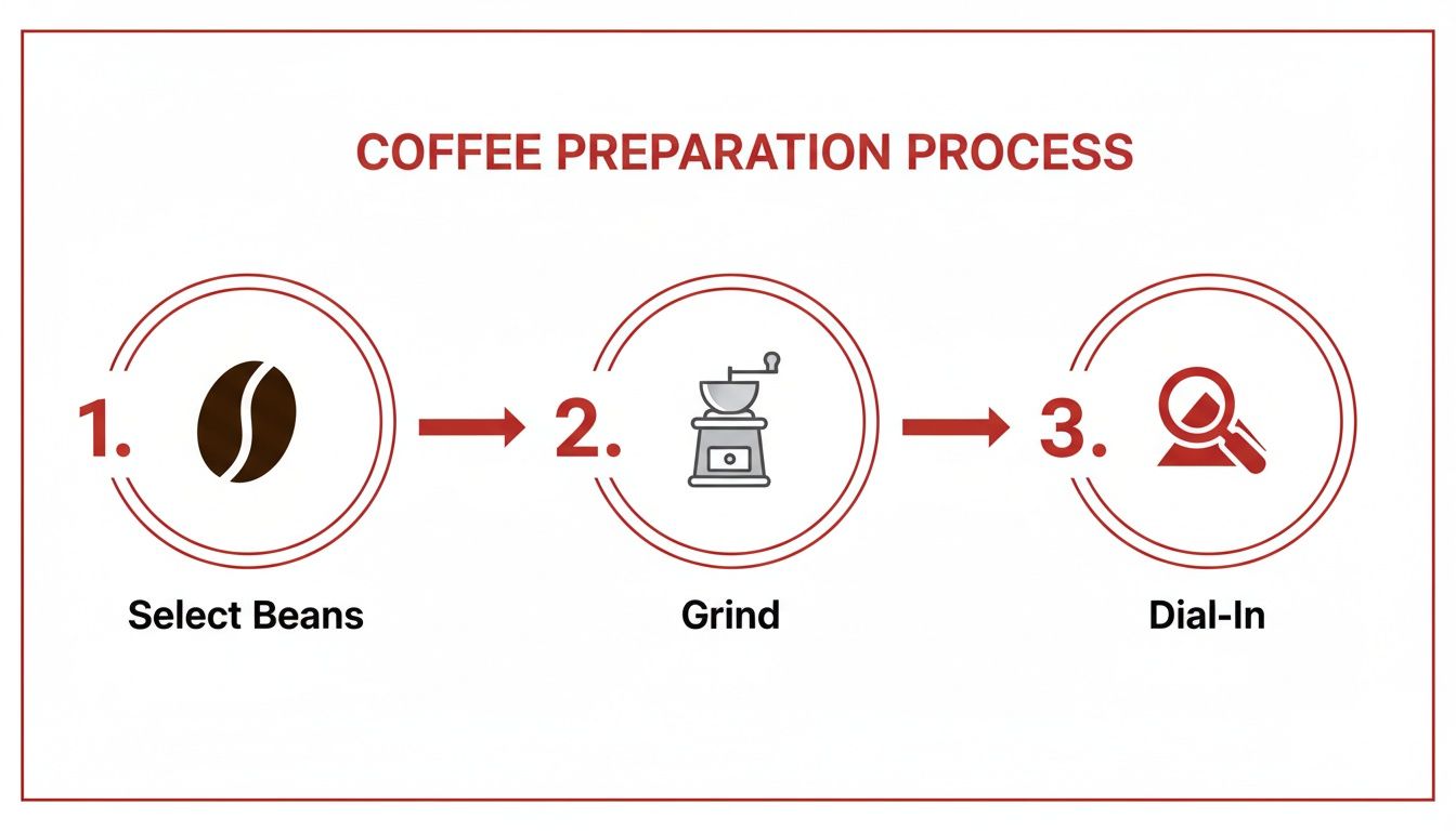 Visual guide outlining three essential steps for coffee preparation: select beans, grind, and dial-in.