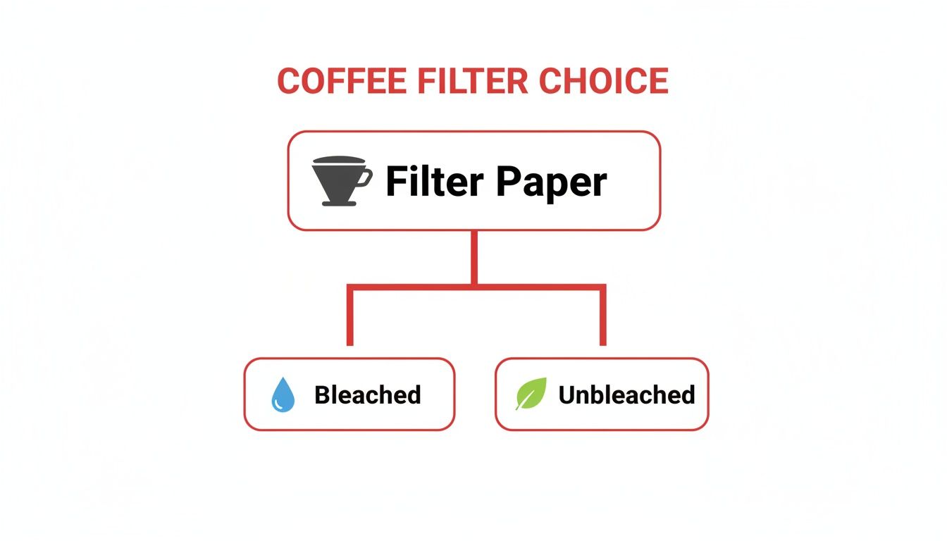 Flowchart illustrating coffee filter paper choices, branching into bleached and unbleached options with icons.