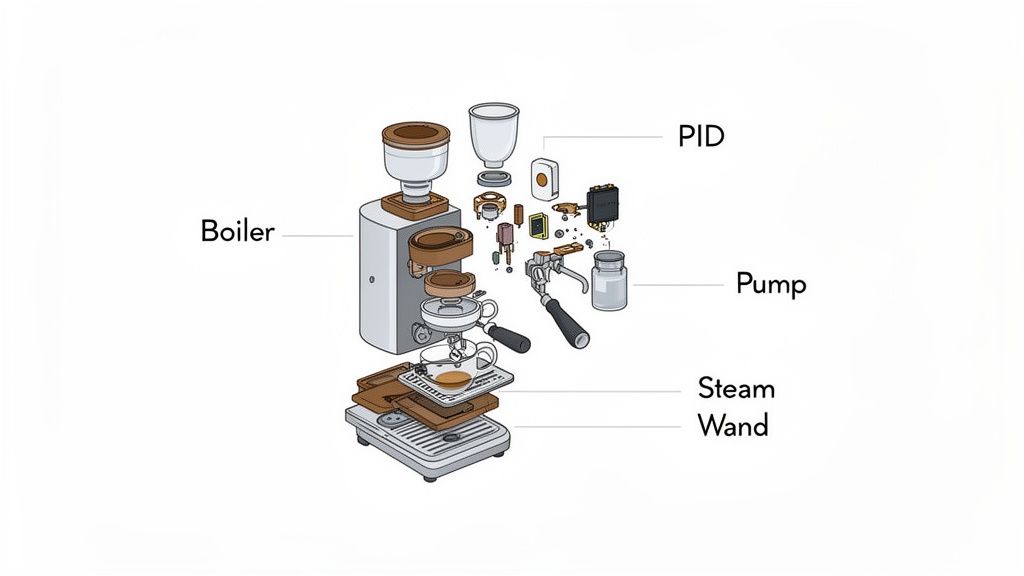 Exploded diagram of an espresso coffee machine showing internal components like boiler, PID, pump, and steam wand.