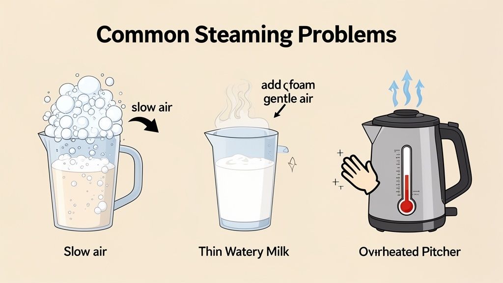 Illustration of common milk steaming problems: too much foam, thin watery milk, and an overheated pitcher.