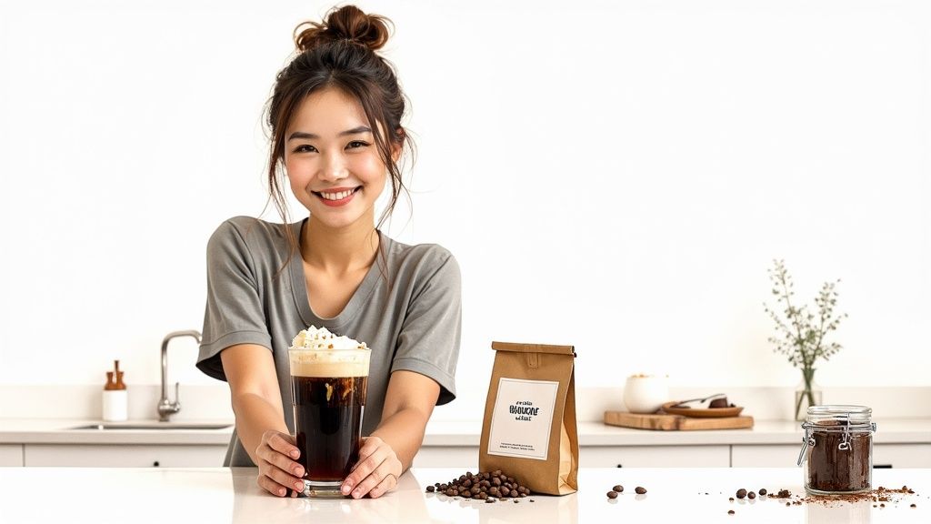 Smiling woman holding a tall glass of iced coffee with whipped cream in a bright kitchen.
