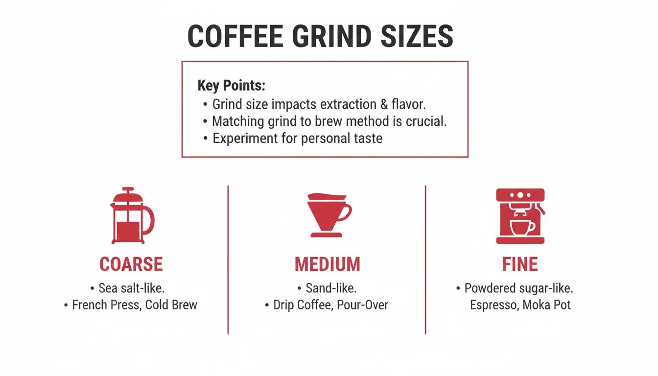 An infographic detailing coffee grind sizes: coarse, medium, and fine, with recommended brewing methods.