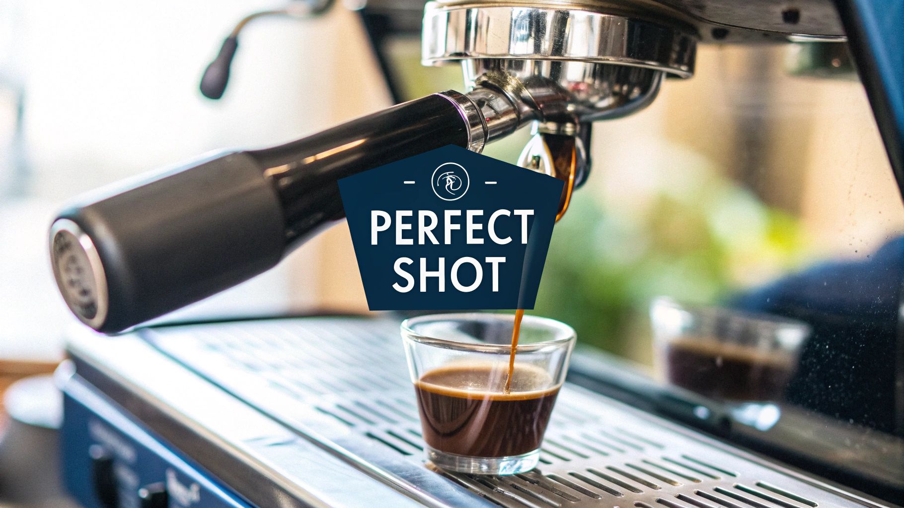 A close-up of a portafilter being filled with freshly ground coffee, with espresso beans scattered around.