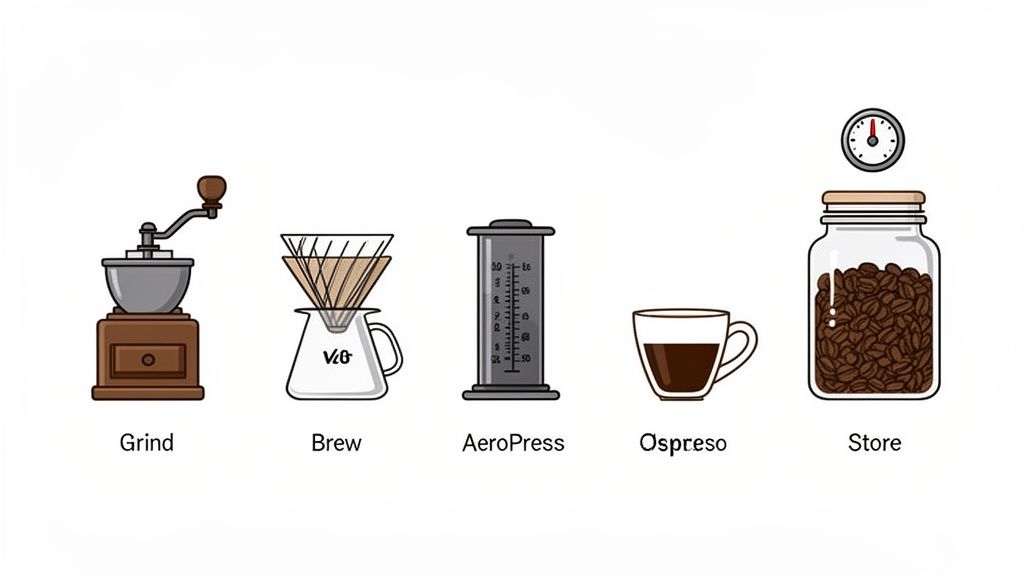 Illustration of five coffee-making steps: grind, brew, AeroPress, a cup of coffee, and storing beans.