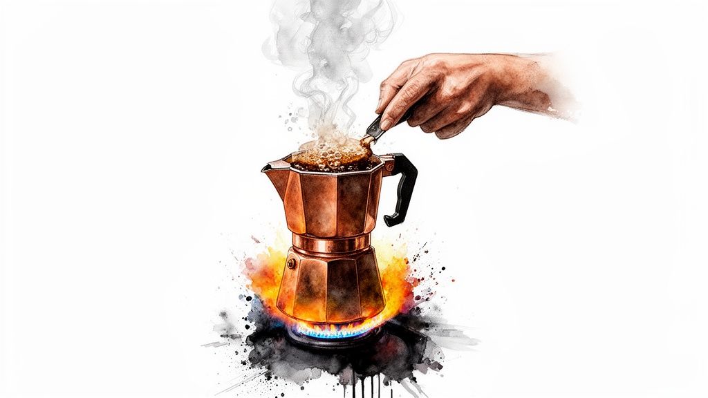 Watercolor art of a hand stirring steaming coffee in a Moka pot on a gas stove.